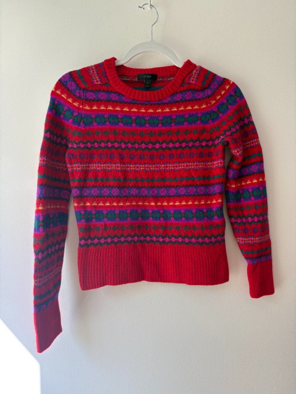 J.Crew 100% Wool Fair Isle Sweater 🎄 Vibrant Red Multicolor Nordic Crewneck Kni